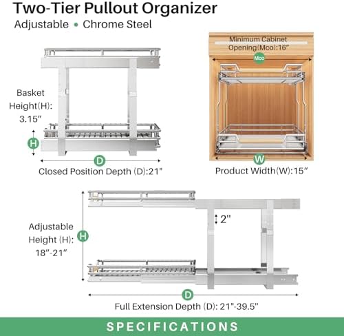 Pull out Cabinet Organizer, 2 Tiers 15"W X 21"D, Heavy Duty Smooth Sliding Under Cabinet Shelves for Pots and Pans, Full-Extension Roll out Drawers, Slide out Organization for Home Kitchen Pantry