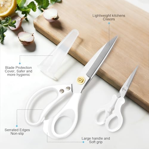 All Purpose Kitchen Scissors, Kitchen Shears Heavy Duty - Dishwasher Safe Food Scissors- Multipurpose Cooking Shears for Meat Poultry Food, Herbs, and Fish, Comfort Grip Handles, White