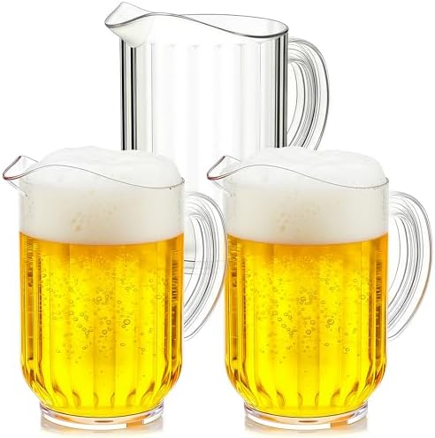 3 Pack (60 oz) Plastic Pitcher Unbreakable Jug,Restaurant-Grade Polycarbonate Beverage Dispenser with Pour Spout, Beer Jar Clear Carafe, Dishwasher