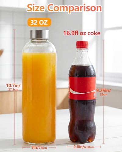 Zukro Clear Glass Water Bottles with Stainless Steel Lids 32 oz, Set of 3