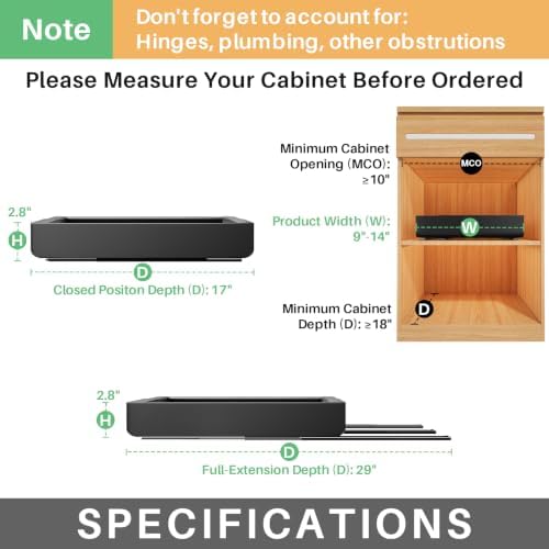 2 Pack Pull out Cabinet Organizer, Expandable(9"-14") Heavy Duty Slide out Drawer Fixed with Adhesive Nano Film for Pots, Roll out Shelf Storage for Kitchen Organization, Pantry, Bathroom(Black)