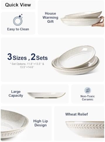 LE TAUCI Ceramic Serving Bowls Set of 2, Large Oval Serving Dishes for Entertaining, 13.5 & 14.6 Inch Salad Bowl for Kitchen Counter, Fruit Bowl, Pasta Bowls, Microwave and Dishwasher Safe - Birch