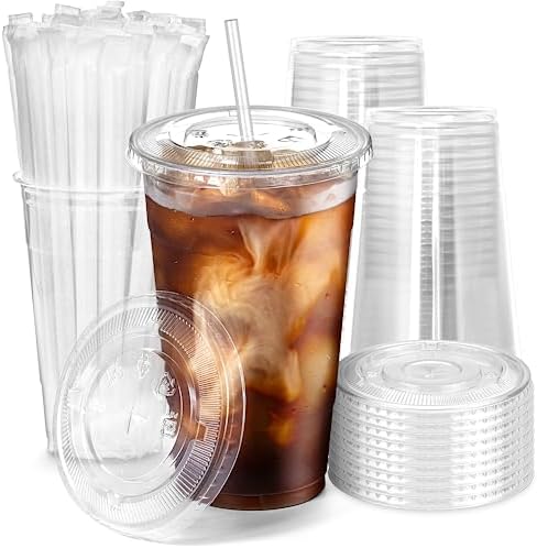 Fit Meal Prep 300 Pack 24 oz Plastic Iced Coffee Cups with Flat Lids and Clear Straws, Disposable Clear Cup, BPA Free Cup for Party, Smoothie, Cold Drinks, Juice, Milkshake, Bubble Boba, Tea