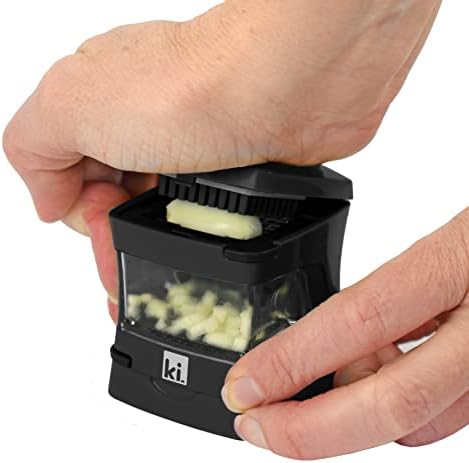 Garlic-A-Peel Garlic Press, Crusher, Cutter, Mincer, and Storage Container - Includes Silicone Garlic Peeler - Easy to Clean - Stainless Steel Blades – (Black), standard