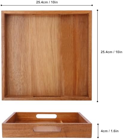 4 PCS Acacia Wood Serving Tray with Handles - 10 Inch Square Wooden Tray with Handles, Ideal as Breakfast, Coffee Table, Decorative, Serving(1.75 Inch Thickness)