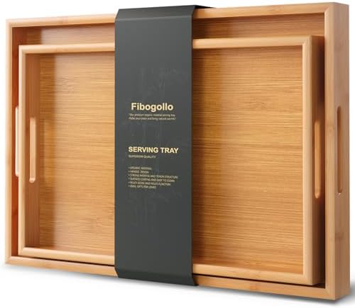 Fibogollo Bamboo Set of 2 Serving Tray with Handles,Decorative Trays Platter,Breakfast Tray in Bed,Food Drinks Tray for Eating,Working,Storing(Natural)