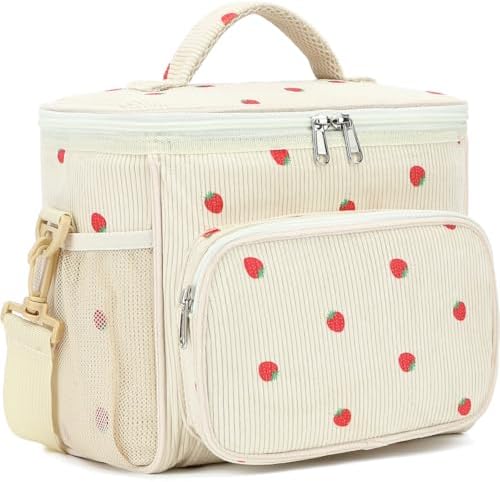 FlowFly Insulated Reusable Lunch Bag Adult Large Lunch Box for Women and Men with Adjustable Shoulder Strap,Front Zipper Pocket and Dual Large Mesh Side Pockets, Corduroy Strawberries Beige