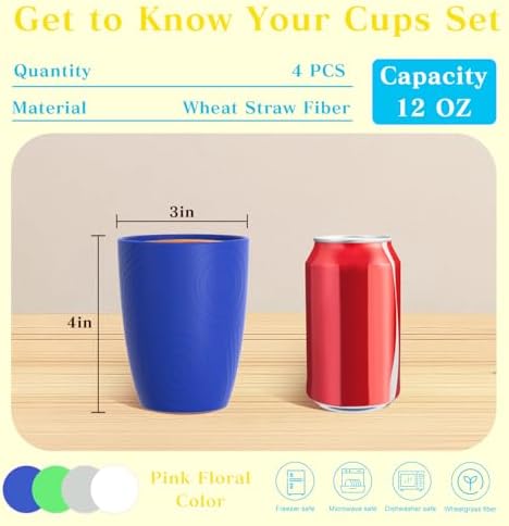 Homienly Drinking Glasses & Everyday Kids Tumblers Wheat Straw Cups 4-Pack Set | Textured Reusable Plastic Cups Essential Kitchen Cups | Dishwasher Safe for Party, Home, Camping (12 oz, Island Color)