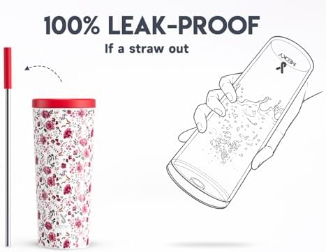 Meoky 24 oz Insulated Tumbler with Lid and Straw, Stainless Steel Vacuum Insulated Tumbler, Keeps Cold for 24 Hours, 100% Leak Proof, Fits in Car Cup Holder (Petal)