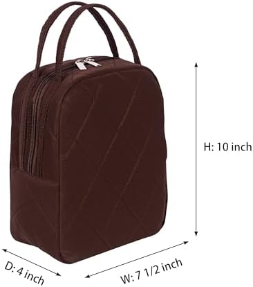 Machine Washable Women Quilted Fabric Insulated Reusable Cooler Lunch Bag Tote Adult Thermal Lunch Box Storage Bag for Ｗork (Brown)