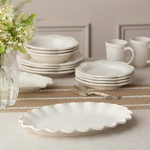 Heritage Scroll Large Oval Platter – 16" x 12" Ivory Stoneware Serving Tray with Sculpted Rim – Elegant Dinner, Holiday & Entertaining Serveware by Certified International