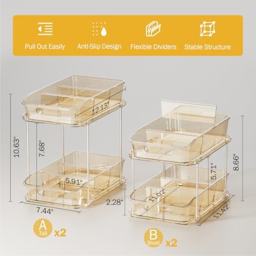 Delamu 2-Tier Under Sink Organizers and Storage, Multi-Purpose Stackable Bathroom Cabinet organizers, Pull Out Kitchen Pantry Organization and Storage with Dividers(4 Pack, Amber)