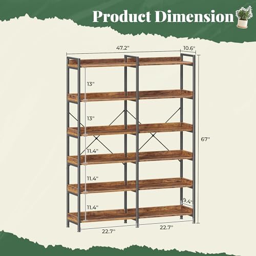 Huuger 6 Tier Bookshelf with 12 Open Shelves and Raised Baffle, Rustic Brown