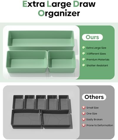 10 Pack Large Size Plastic Drawer Organizers Set, 3 Sizes Desk Drawer Organizer Trays, Storage Bins for Vanity, Makeup, Bathroom, Kitchen Utensils and Office (Green)