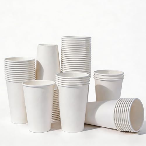 MOUMOULIFE Disposable Paper Coffee Cups 16 oz 100 Count, Leak-Proof White Hot/Cold Cups for Coffee Tea Water, Ideal for Home Office Daily Use & Small Gatherings