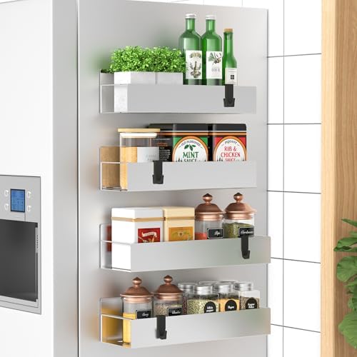HuggieGems Metal Magnetic Spice Rack for Refrigerator Silver, 4 Pack