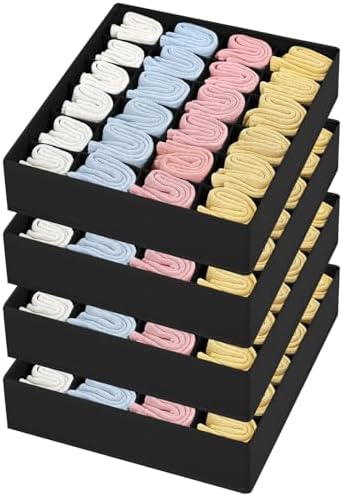 Joyoldelf Sock Drawer Organizer Divider Underwear Organizer 24-cell Fabric Dresser Drawer Organizers Storage Boxes for Socks Lingerie, Handkerchiefs, Ties 4 Pack (Black)