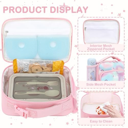 FlowFly Kids Lunch box Insulated Soft Bag Mini Cooler Back to School Thermal Meal Tote Kit for Girls, Boys,Glitter-Unicorn