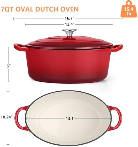 TeamFar 7QT Oval Dutch Oven, Enameled Cast Iron Dutch Oven Pot with Lid