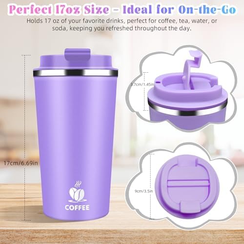 17oz Insulated Travel Coffee Mug with Flip Lid – Leakproof Stainless Steel Insulated Coffee Tumblers, Reusable Coffee Cup for Hot & Cold Drinks, Perfect for Camping & On-the-Go