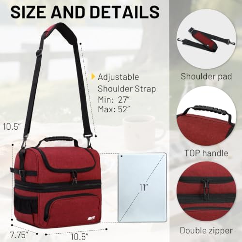 MIER Lunch Box for Men Dual Compartment Adult Lunch Bag for Work, Dark Red