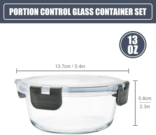 6 Pack 13oz Small Round Glass Meal Prep Containers with Airtight Lids