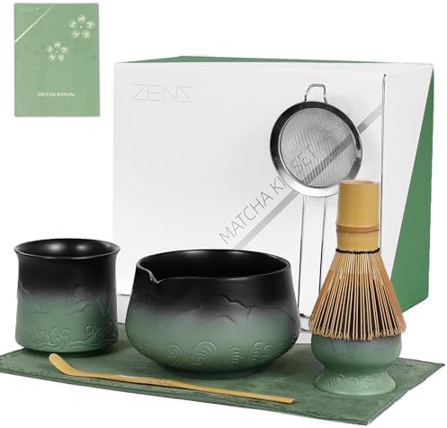 ZENS Premium Matcha Whisk Set with Blooming Cup, 7pcs Matcha Set, Green