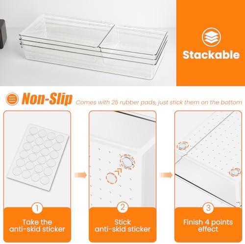 12 Pack Clear Plastic Drawer Organizer Set, Acrylic Non Slip Non Cracking Kitchen Drawer Storage Tray Large Size Divider, Multifunctional Storage for Cosmetics, Bathroom, Tools, Kitchen and Office