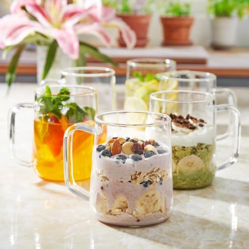 Large Glass Coffee Mugs, 20 oz Glass Coffee Cups Set of 6, Clear Borosilicate Glass Mugs with Handles for Cappuccino, Tea, Latte, Hot/Cold Beverages, Wine, Americano