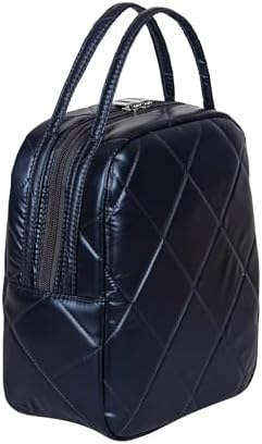 Machine Washable Women Quilted Fabric Insulated Reusable Cooler Lunch Bag Tote Adult Thermal Lunch Box Storage Bag for Ｗork (Navy Blue)