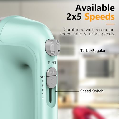 Hand Mixer Electric, 450W Kitchen Mixers with Scale Cup Storage Case, Turbo Boost/Self-Control Speed + 5 Speed + Eject Button + 5 Stainless Steel Accessories, For Easy Whipping Dough, Cream, Green