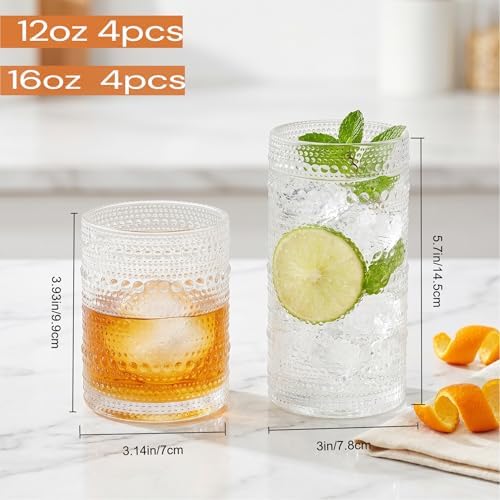 Vintage Hobnail Drinking Glasses Set of 8, Clear 16 oz Highball Glasses & 12 oz Cocktail Glasses Set, Kitchen Drinkware Glassware,Embossed Water Tumbler for Beer, Juice, Whiskey, Milk