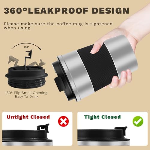 Vacuum Insulated Stainless Steel Travel Coffee Mug,Leak Proof Cup with Lid