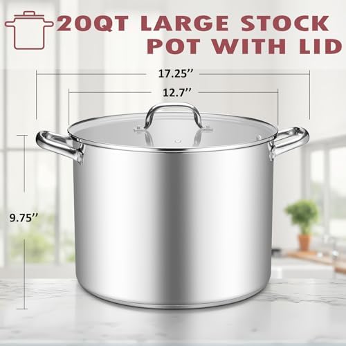 TeamFar Stainless Steel Stock Pot, 20QT Tri-ply Bottom Large Stockpot