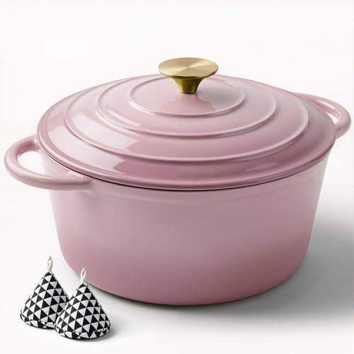 Miereirl 4.5 Quart Enameled Dutch Oven Pot with Lid, Cast Iron Dutch Oven with Dual Handles for Bread Baking, Cooking, Non-stick Enamel Coated Cookware, Pink