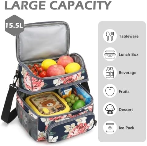 FlowFly Double Layer Cooler Insulated Lunch Bag Adult Lunch Box Large Tote Bag for Men, Women, With Adjustable Strap,Front Pocket and Dual Large Mesh Side Pockets