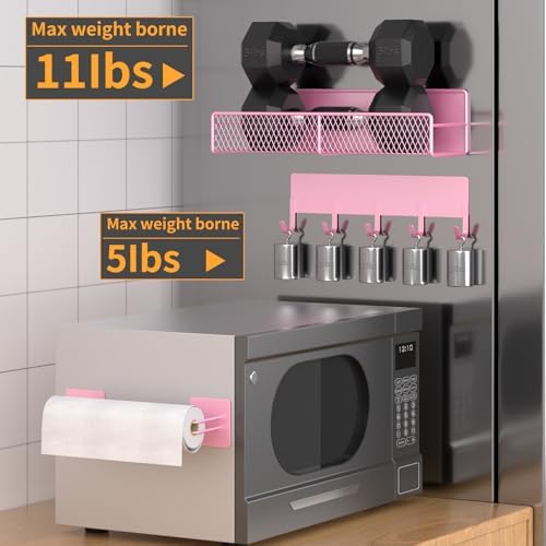 Magnetic Spice Rack for Refrigerator, 10 Pack Metal Magnetic Shelf, Moveable Spice Organizer with Hook Rack, Paper Towel Holder, Kitchenware Holder, Strong Magnetic Storage Fridge Organizer Pink