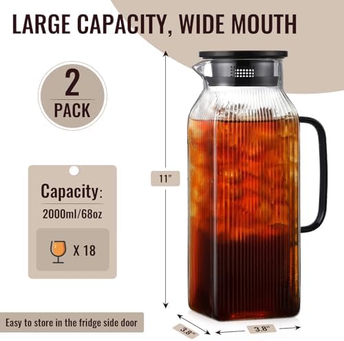 2 Pack 2 Liter/68 oz Square Glass Pitcher with Lid, Classic Stripes Water Pitchers with Handle for Fridge, Large Jug for Iced Tea, Coffee, Borosilicate Glass Carafe for Hot/Cold Brew Drink, Black