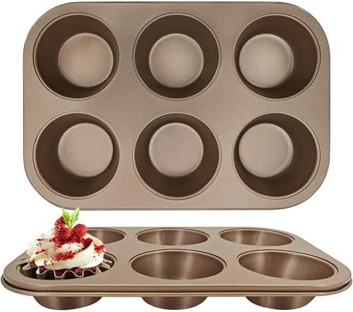 Satax Muffin Pan for Baking, Nonstick Cupcake Tin 6 Cup,sets of 2,Heavy Duty Steel Muffin Pan (Gold, 6-cup)