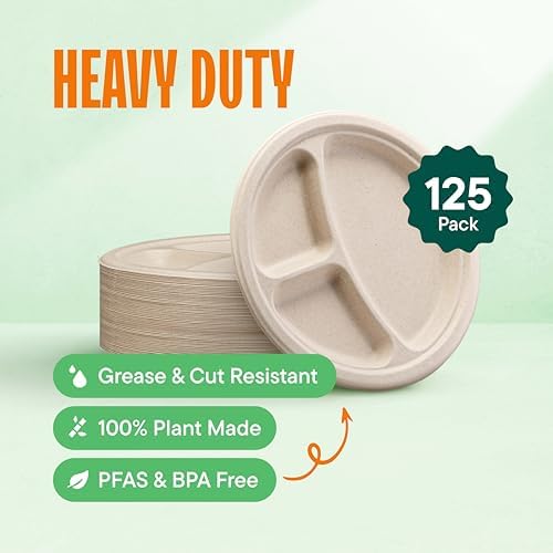 100% Compostable, 3 Compartment, Disposable Paper Plates [125-Pack] 9 Inch Heavy Duty Biodegradable Bagasse Sectional Lunch Trays + Dividers - Divided Platte Tray (PFAS Free) (BPA Certified)