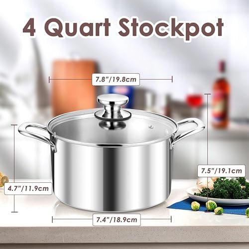 Herogo 4 Quart Stock Pot, 18/10 Stainless Steel Cooking Pot with Lid, Tri-Ply Pasta Stockpot with Handles, 4 QT Stockpot for Induction Gas Electric Stove, Dishwasher Safe