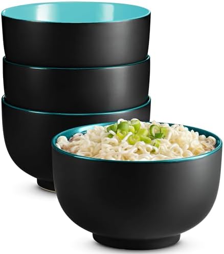 KooK Ramen Bowl, Japanese Bowls, Noodle Bowls, Large Soup Bowl, Ceramic, Large Capacity, For Ramen, Pho, Udon, Soba, Microwave and Dishwasher Safe, 34 oz, Set of 4 (Black/Teal)
