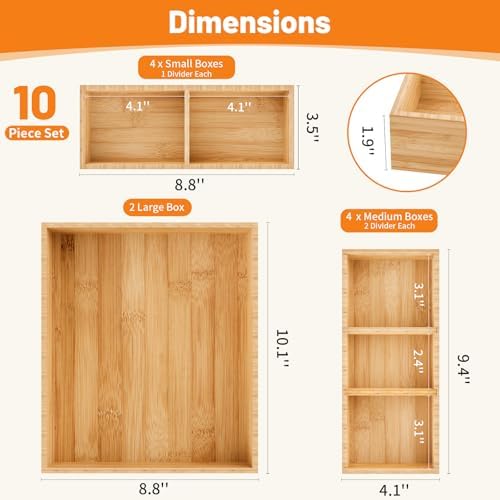 Bamboo Drawer Organizer, 10-Piece Stackable Trays with Removable Dividers
