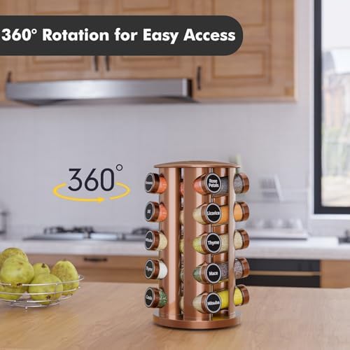 New England Stories Revolving Spice Rack Set with 20 Spice Jars, Kitchen Spice Tower Organizer for Countertop or Cabinet - Carousel Storage Includes 386 Spice Labels (Gold)