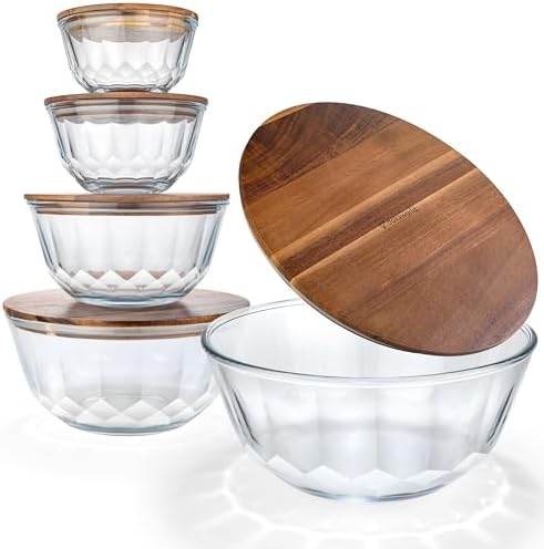 Large Stackable Glass Mixing Bowls with Acacia Lids Set of 5