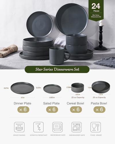 Famiware Star Stoneware Dinnerware Sets with Pasta Bowls, 24pc Dishes for 6