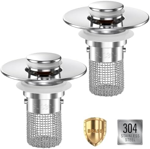 Sink Stopper Hair Catcher, Pop-up Sink Drain Strainer with Removable Stainless Steel Strainer Basket Hair Catcher,Bathroom Sink Strainer for Bathroom Sink Stopper Replacement (2, Silver)