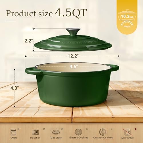 Overmont Enameled Cast Iron Dutch Oven - 4.5QT Pot with Lid Cookbook & Cotton Potholders - Heavy-Duty Cookware for Braising, Stews, Roasting, Bread Baking GlossyGreen