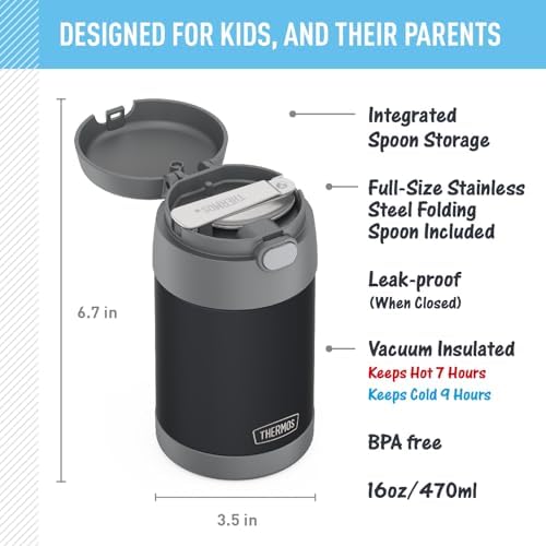 THERMOS FUNTAINER Food Jar with Spoon, Matte Charcoal, 16 Ounces (Pack of 6)