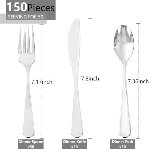 150PCS Silver Plastic Silverware Set Heavy Duty for Weddings